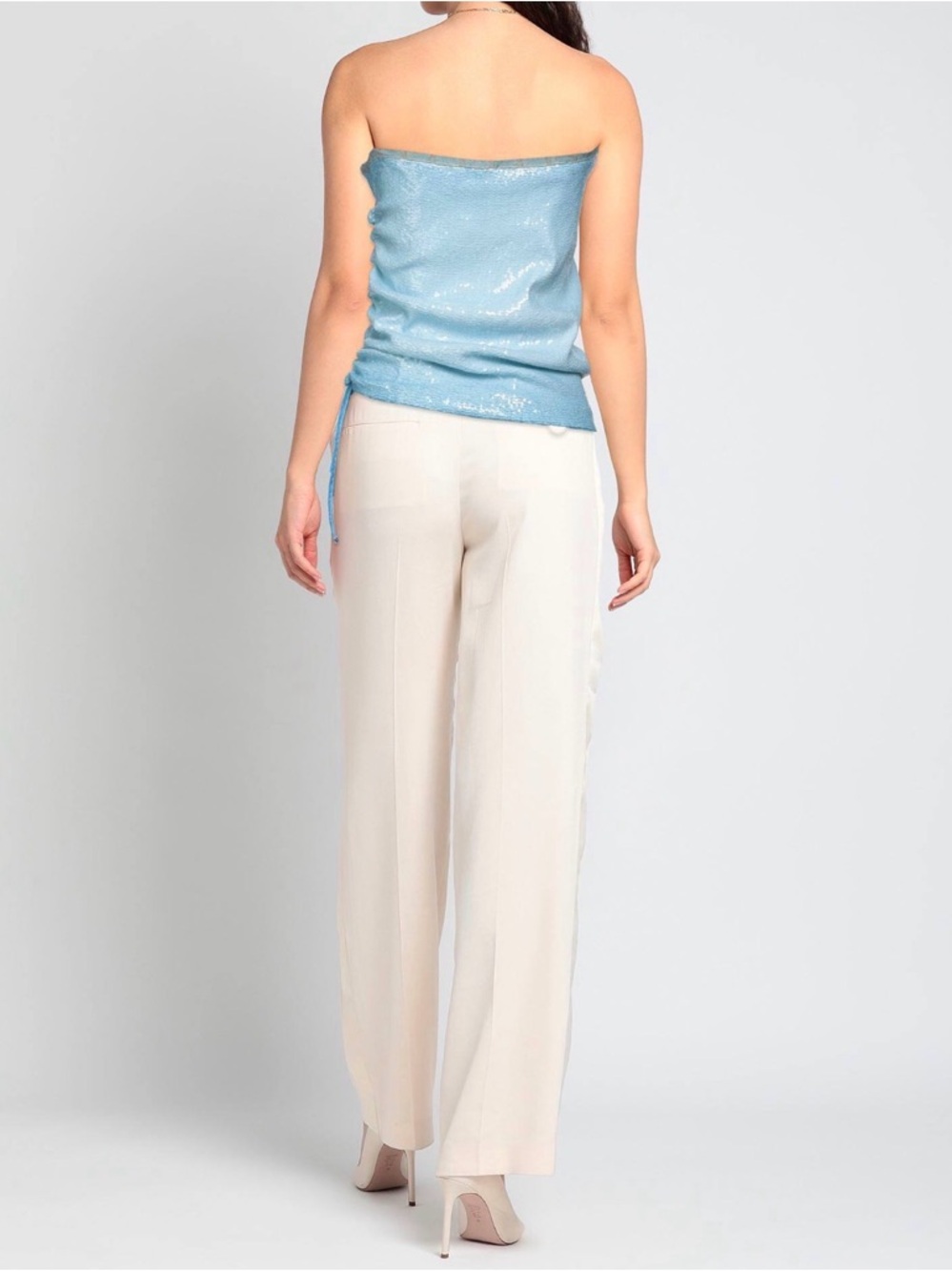 Elisa Cavaletti Pale Blue Sequin Ruched Tube Top with Pearl Detail - Picture 3 of 3